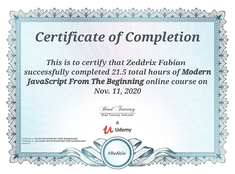 Modern JavaScript From The Beginning certificate