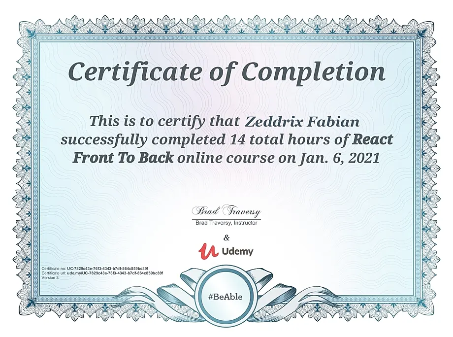 ReactJS Front to Back certificate