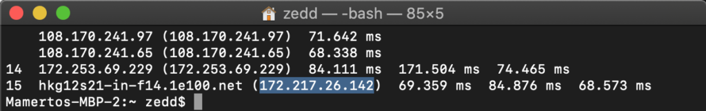 The IP address of google.com highlighted.