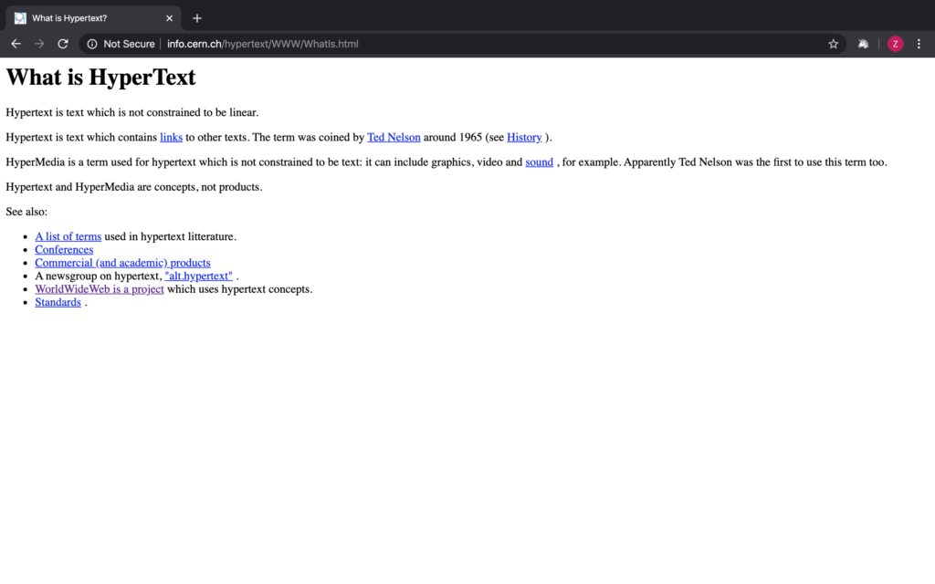 Page of the website after clicking on a hyperlink that has the name of hypermedia.