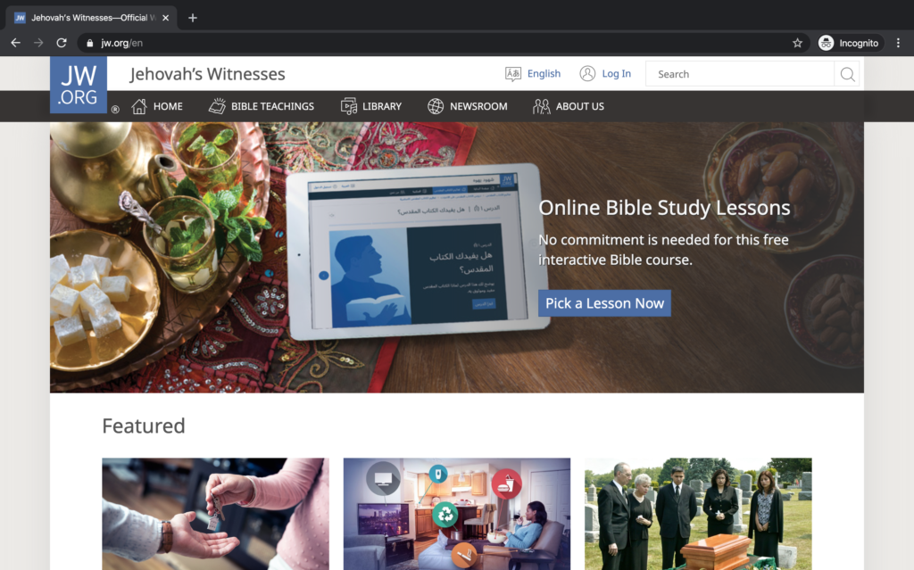 Homepage of jw.org/en that shows the Online Bible Study Lessons.