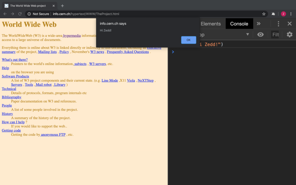 The info.cern.ch, the name of the website, says "Hi Zedd!" upon hitting ENTER.